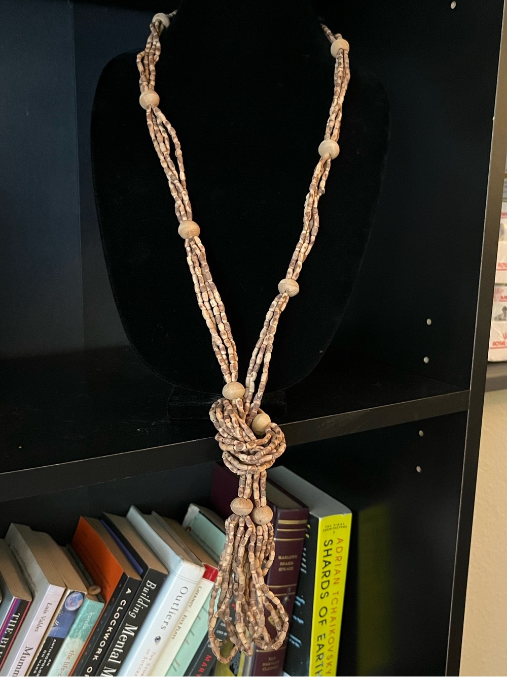 Natural Wooden Beaded Necklace in Beige/Brown Tones with Knotted Pendant